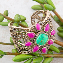 Load image into Gallery viewer, Madeira Lime and Pink Agate Statement Golden Cuff Bracelet
