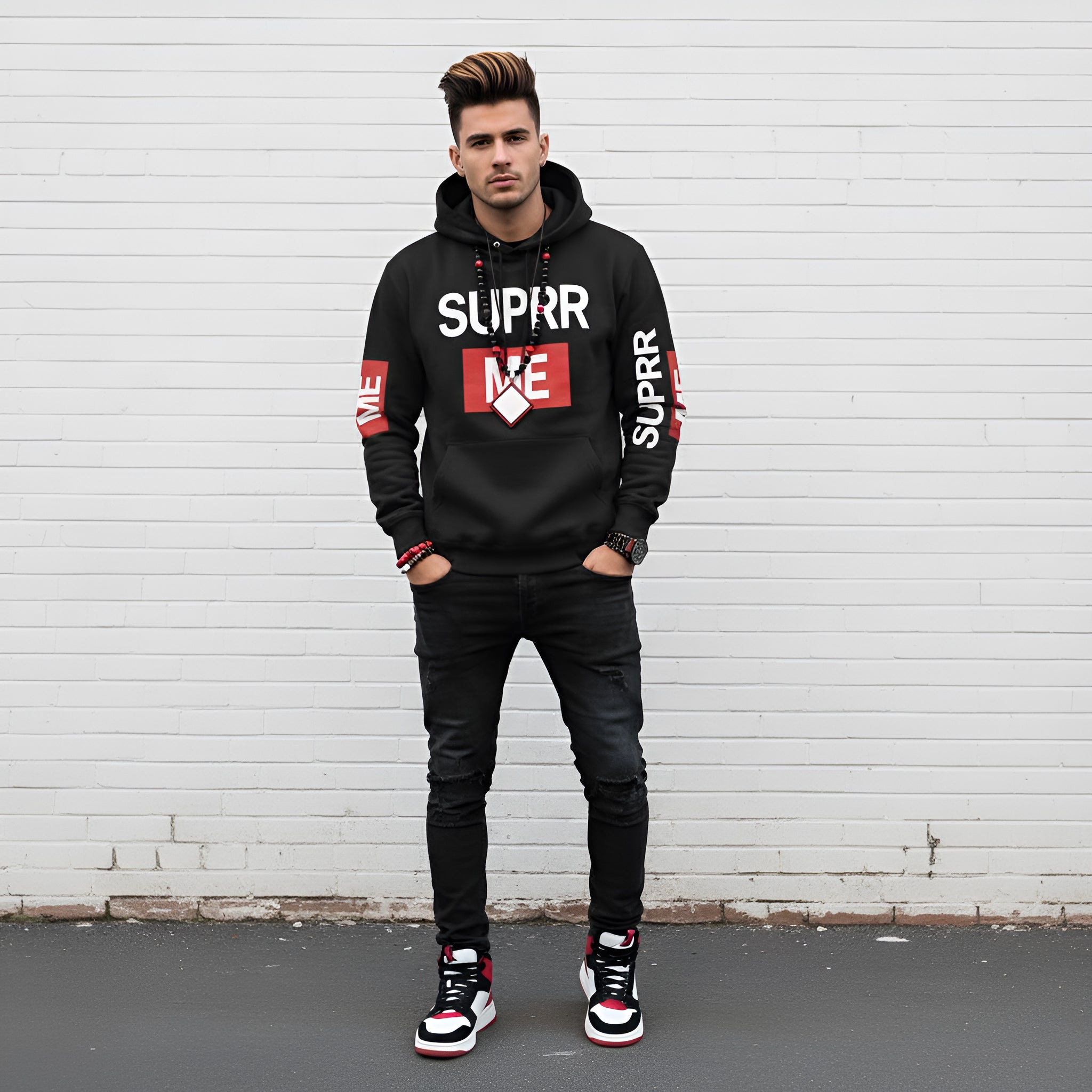 Rich and Rich SUPRR ME Men's Black Hoodie front view on model