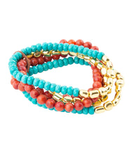 Load image into Gallery viewer, Mesa Blue Magnesite and Red Coral Golden Bracelet Set
