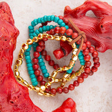 Load image into Gallery viewer, Mesa Blue Magnesite and Red Coral Golden Bracelet Set
