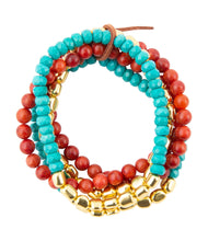 Load image into Gallery viewer, Mesa Blue Magnesite and Red Coral Golden Bracelet Set
