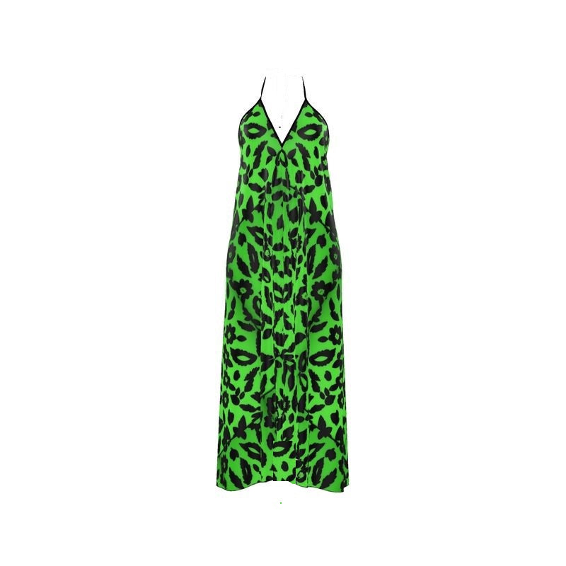 Rich and Rich green abstract women's backless halterneck dress with optional train