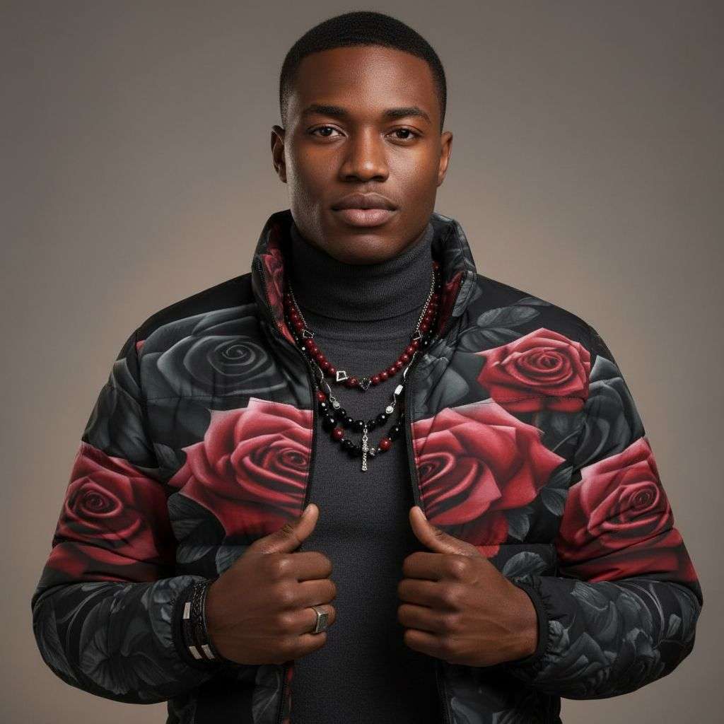 Men's black and red puffer jacket with bold rose floral print and front pockets — additional view 11