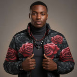 Men's black and red puffer jacket with bold rose floral print and front pockets — additional view 11