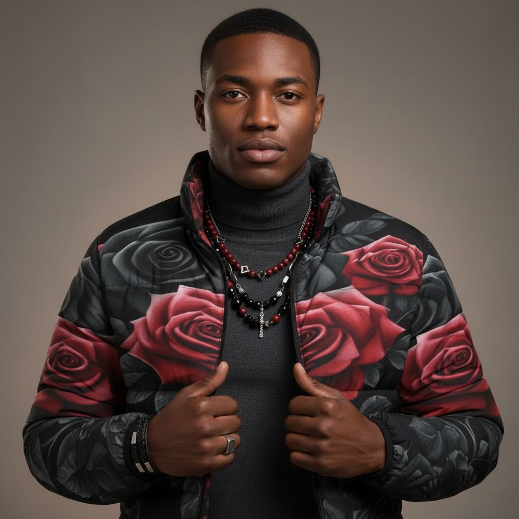 Rich and Rich Black and Red Floral Men's Puffer Jacket with unique rose design