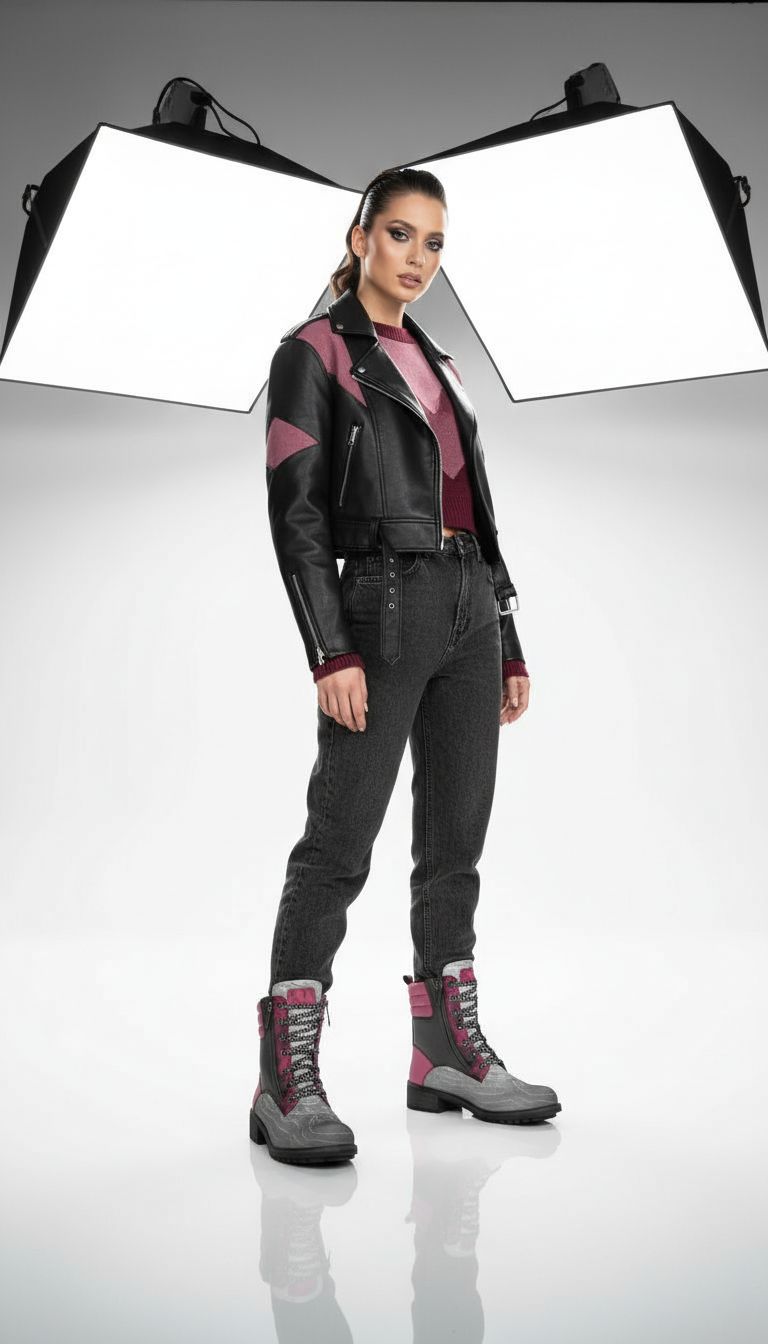 R&RH Grey Magenta Zip Women's Military Boot with zipper detail