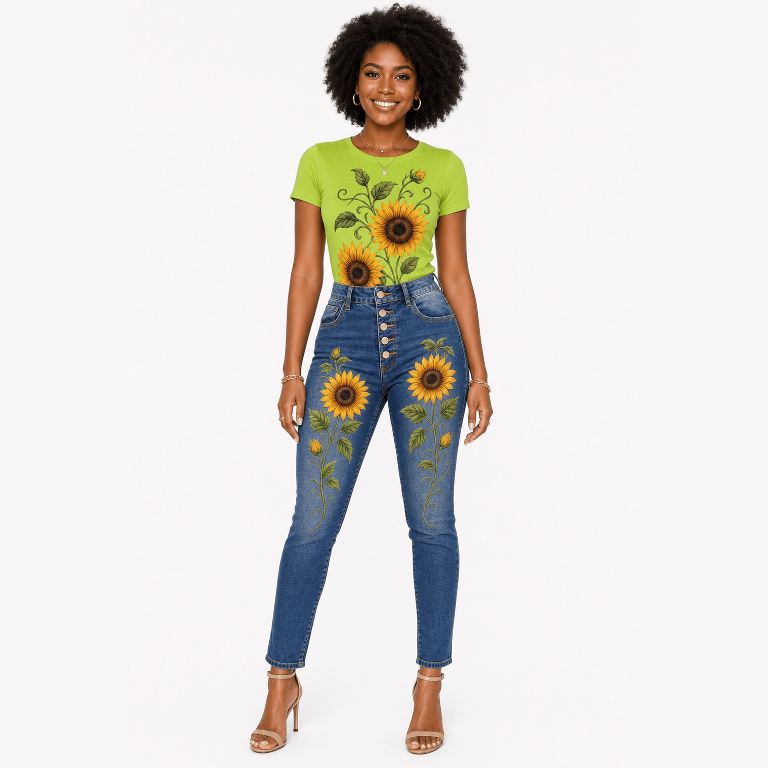 Lime green tee with oversized sunflower print paired with embroidered denim jeans