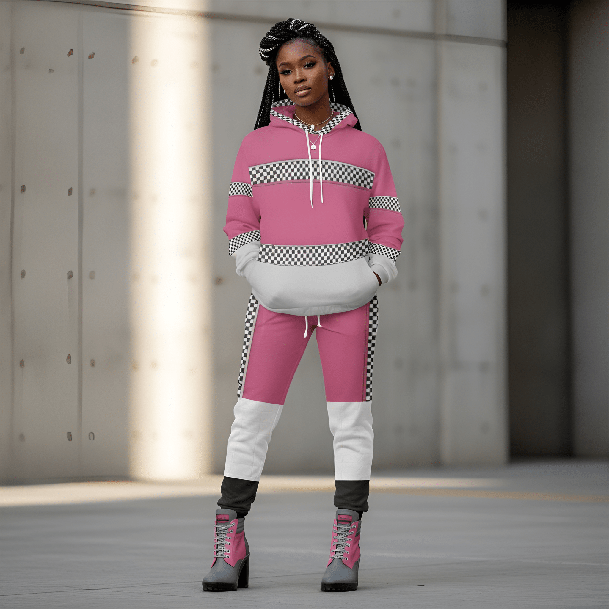 Pink, gray, and black checker print hoodie and matching jogging pants set for women