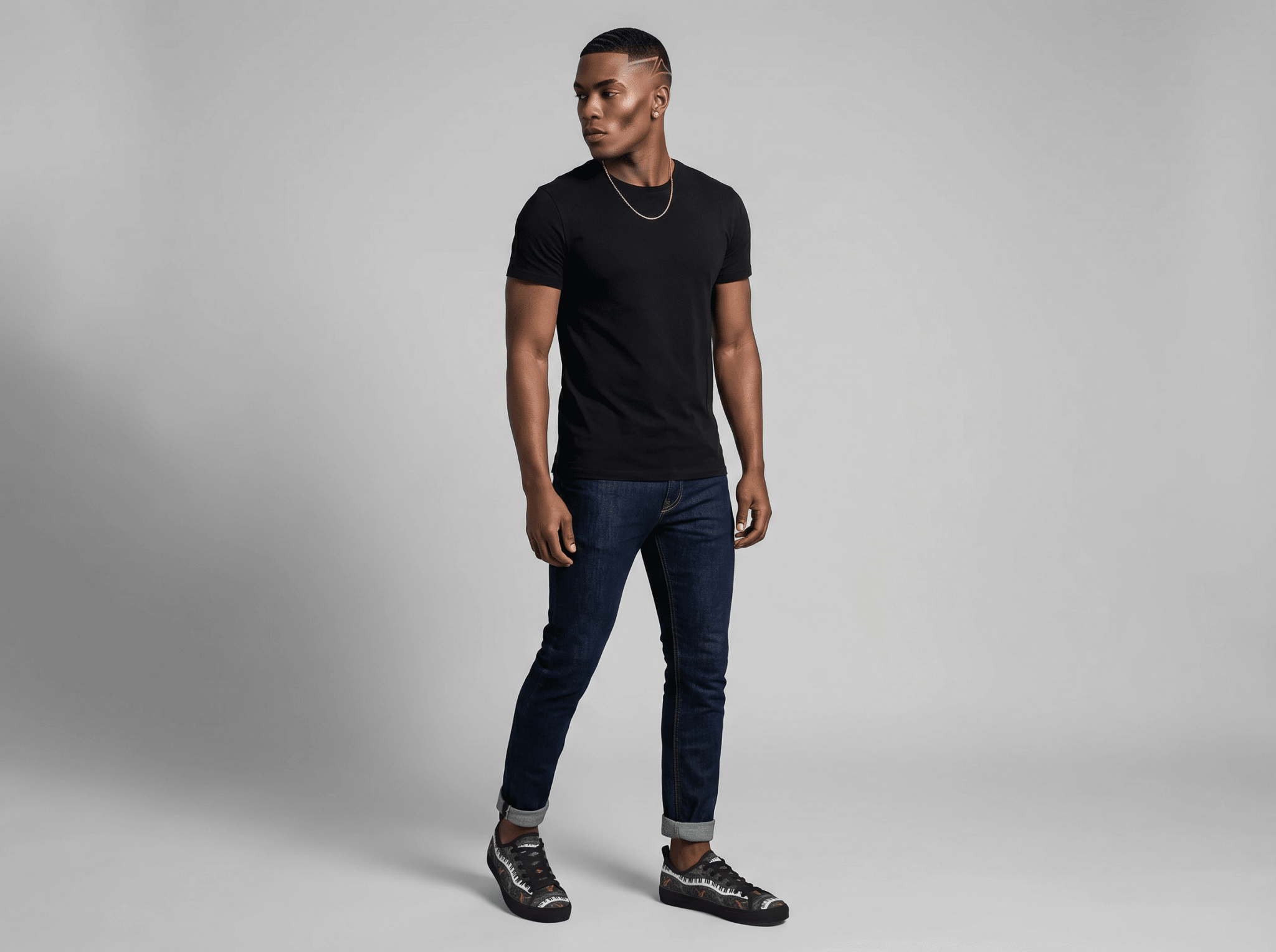 Men’s low-top black camo canvas sneakers with piano and saxophone print and rubber outsole — alternate view