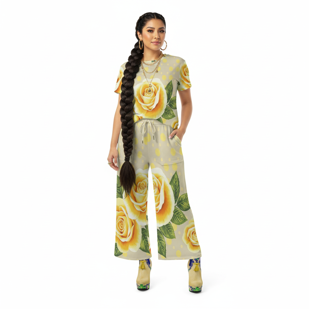Yellow Rose and Polka Dot Women's Crewneck Sleeve T-Shirt with floral and polka dot pattern
