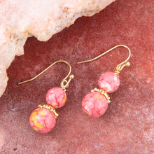 Load image into Gallery viewer, Mottled Pink Jade Golden Drop Earrings
