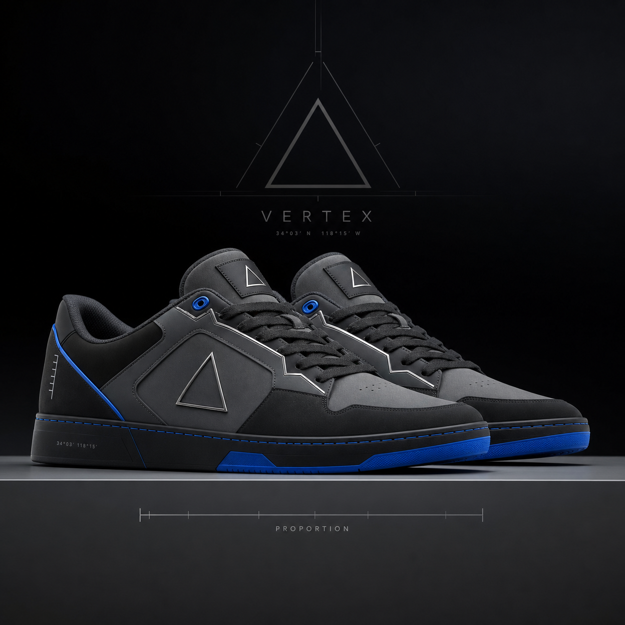 Vertex Equilateral Mark Sneaker in graphite with electric blue geometric Vertex menswear design