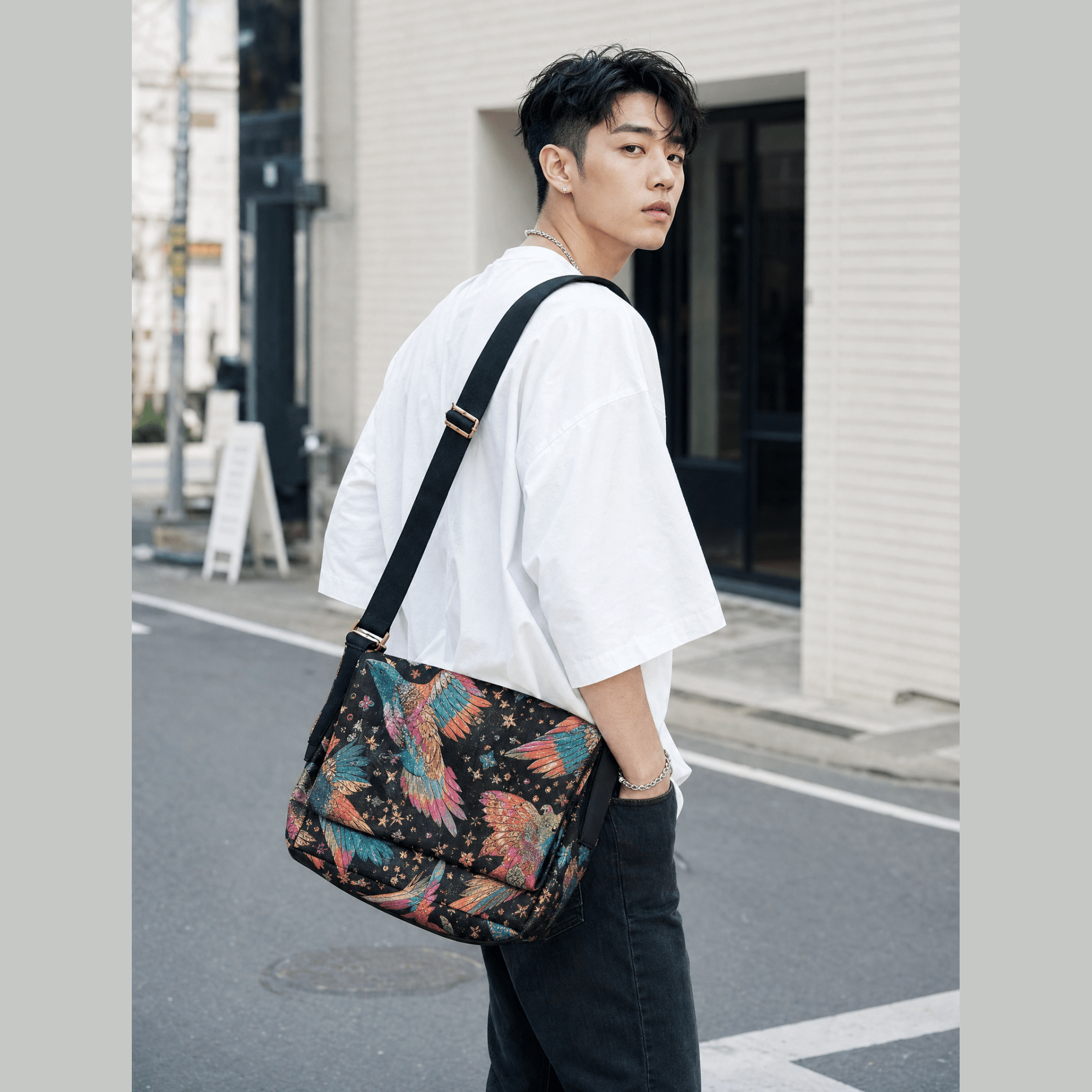 Canvas messenger bag with multicolor bird and feather print, adjustable strap and gold buckle hardware — alternate view