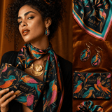 Multicolor bird and feather print scarf, enamel drop earrings, canvas pouch and satin scrunchie