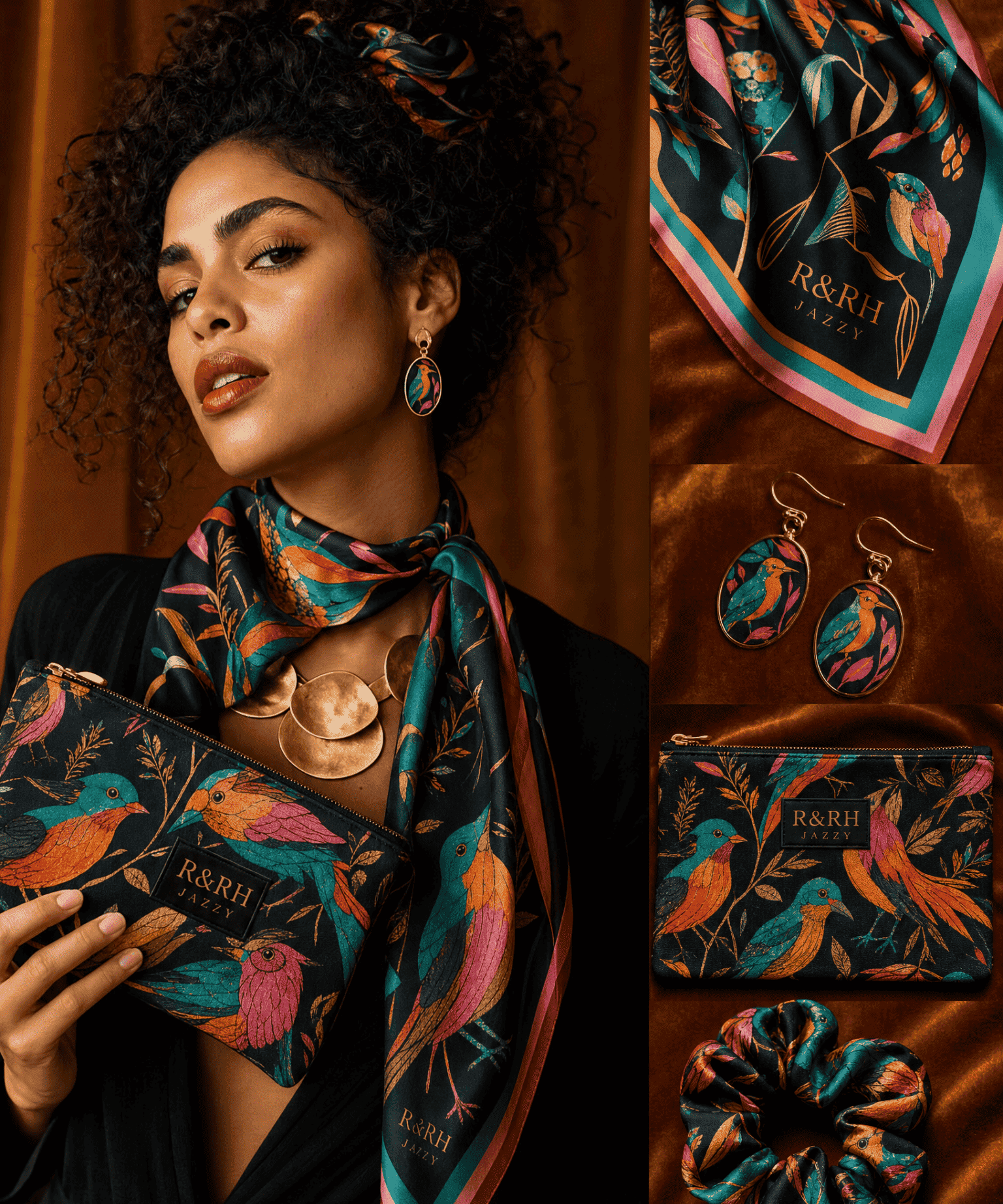 Multicolor bird and feather print scarf, enamel drop earrings, canvas pouch and satin scrunchie
