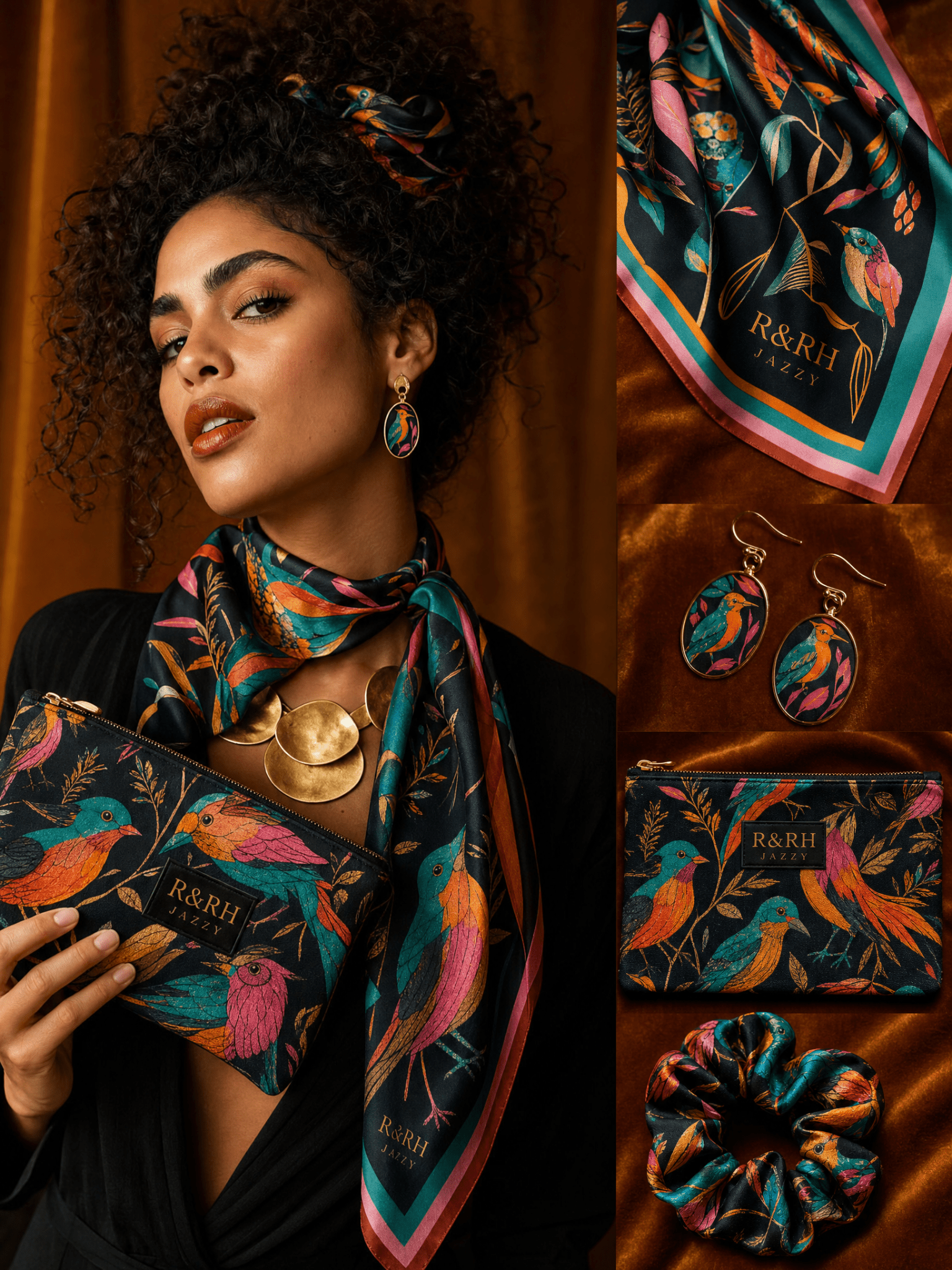 Multicolor bird and feather print scarf, enamel drop earrings, canvas pouch and satin scrunchie