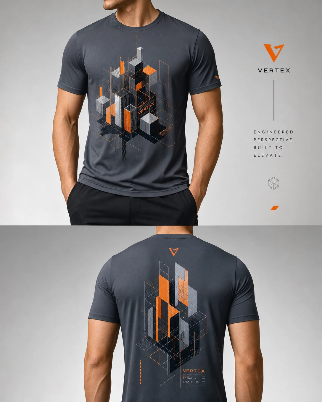 Vertex Isometric City T-Shirt in slate gray with signal orange geometric Vertex menswear design