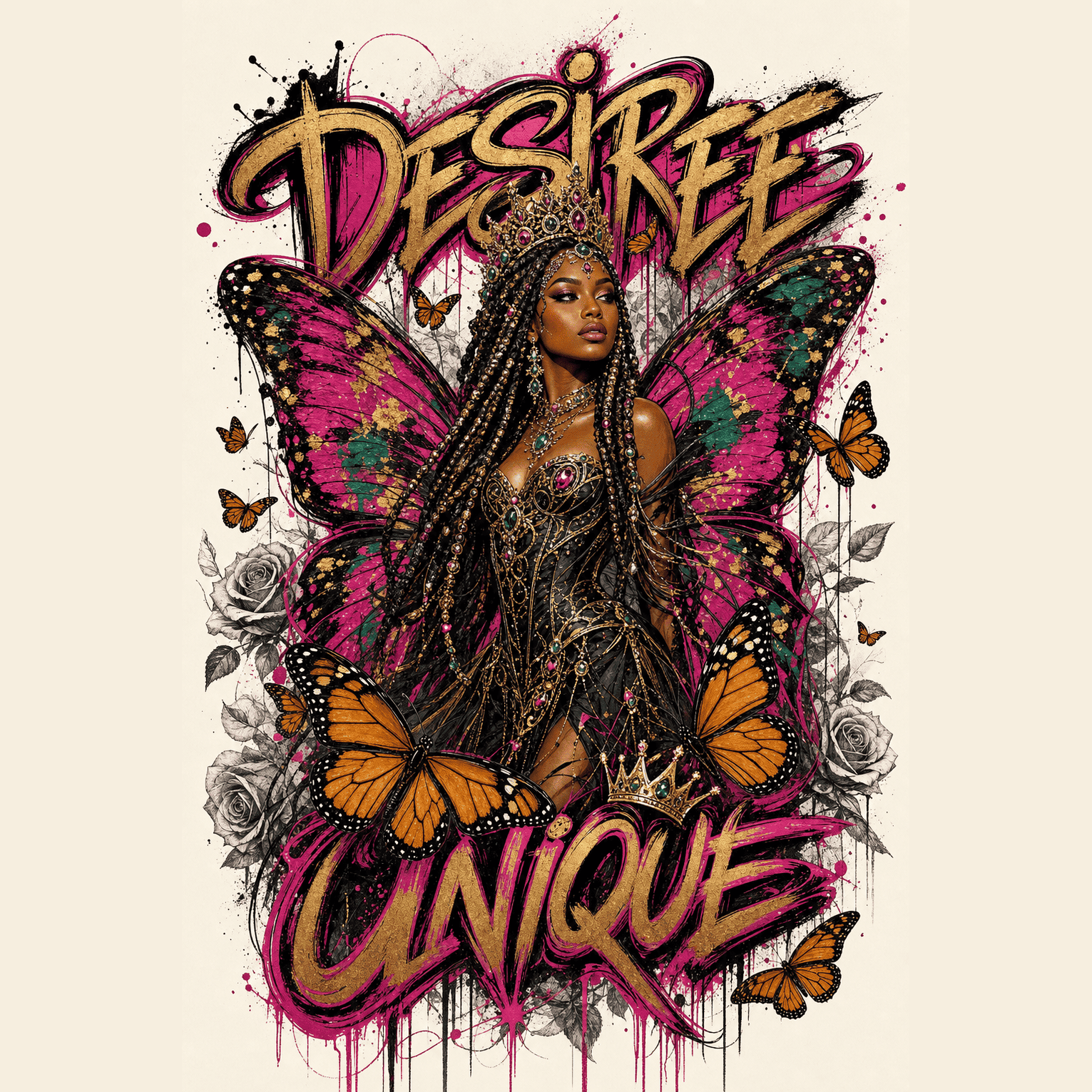 Women's t-shirt with DesireeUnique butterfly queen, jeweled braids and monarch-wing gown in fuchsia and gold