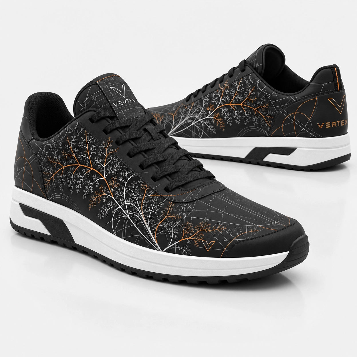 Vertex Fractal Vector Sneaker in black with signal orange geometric Vertex menswear design