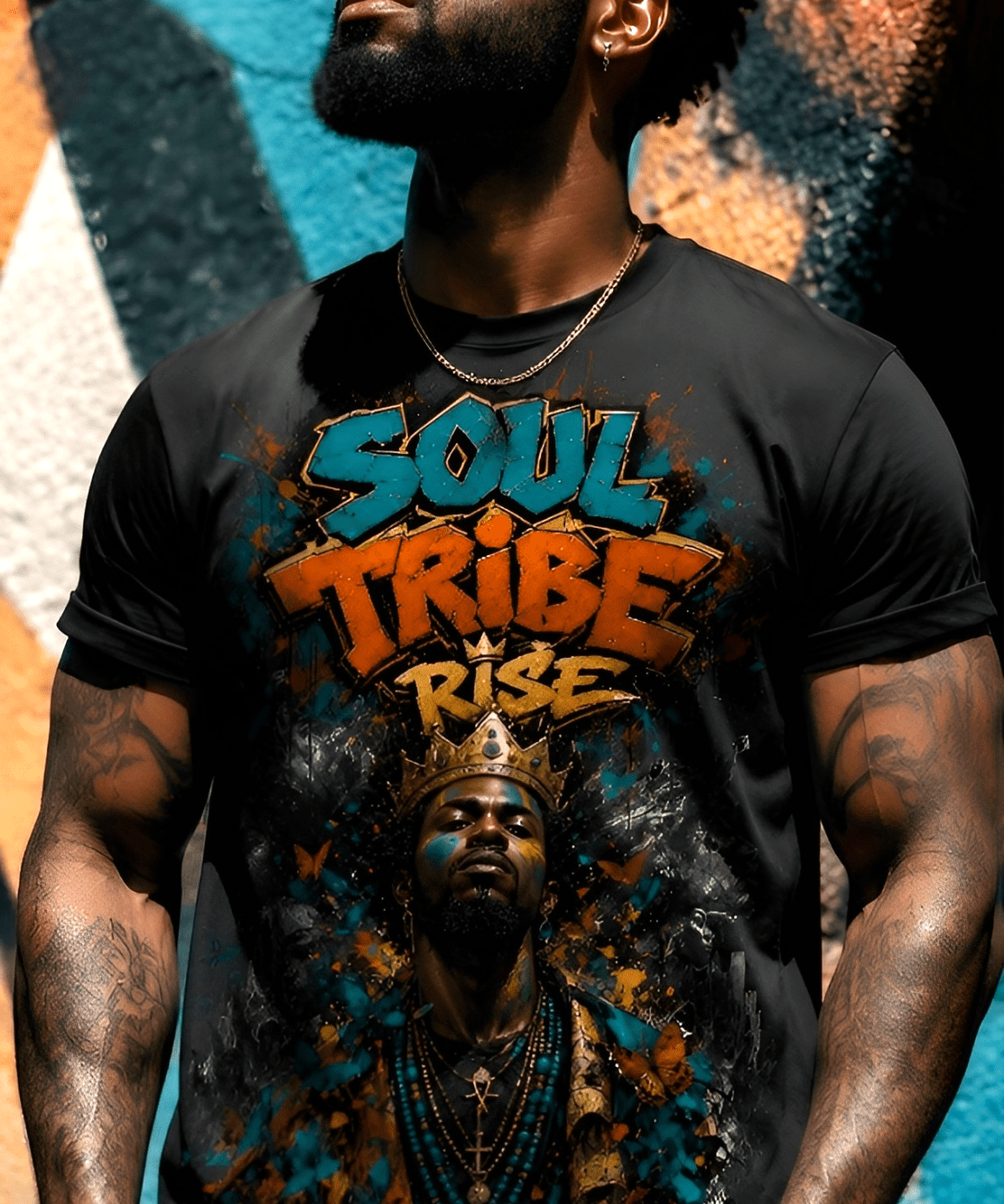 All-over print men's t-shirt with Soul Tribe street poet king artwork, paint splatter and butterfly fragment — alternate view