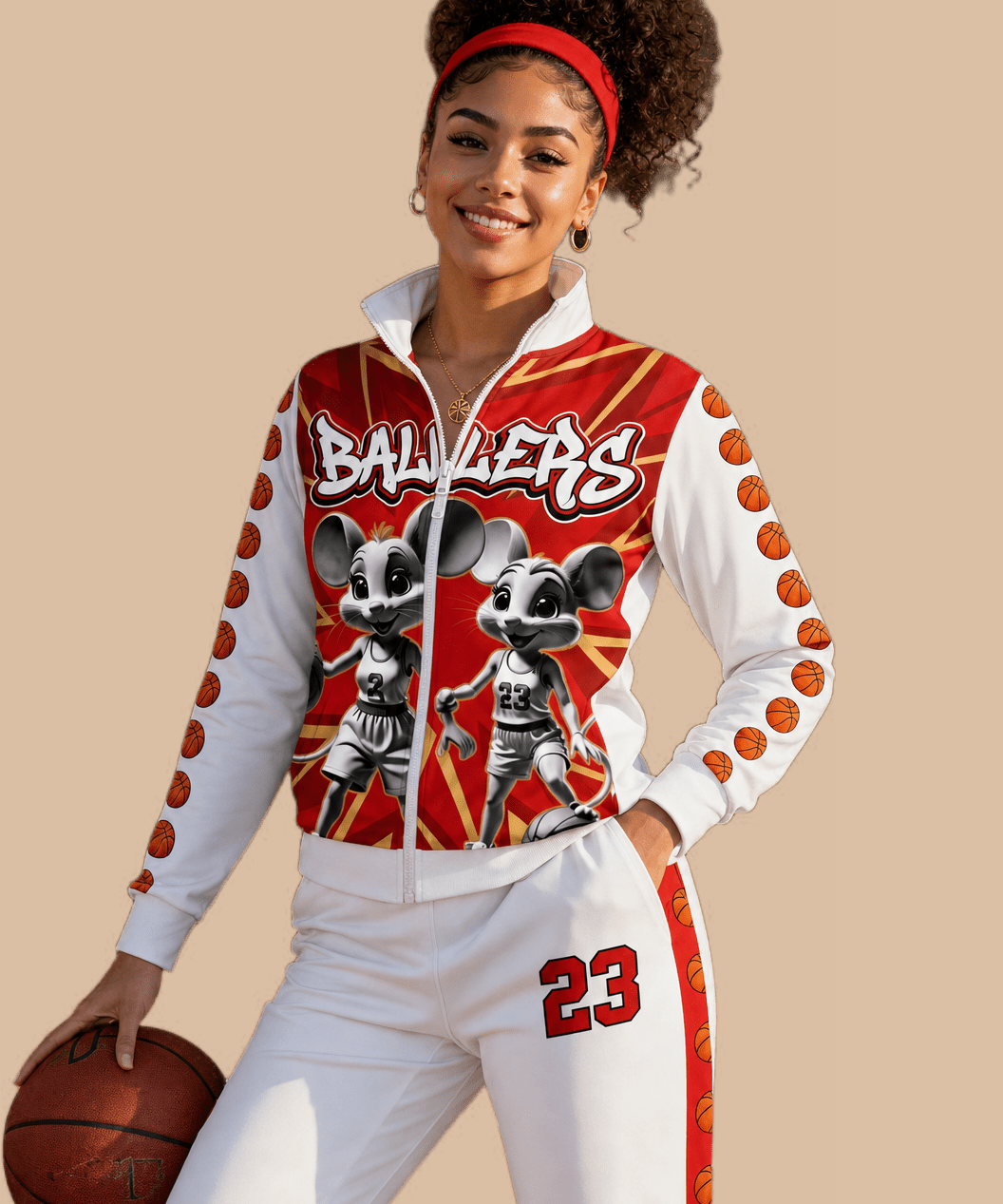White and red two-piece tracksuit featuring cartoon mice jacket and pants with red side stripe and '23' — alternate view