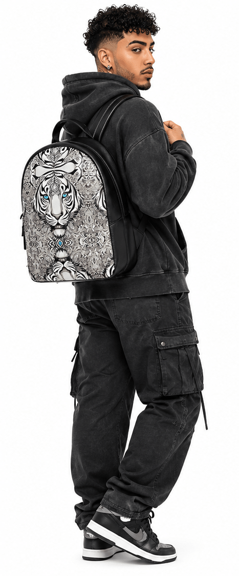 Nappa leather backpack with blue-eyed lion artwork, adjustable shoulder straps and two interior pockets