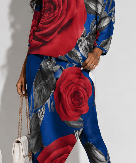 Royal blue and red rose off-shoulder two-piece set with diagonal floral print — alternate view