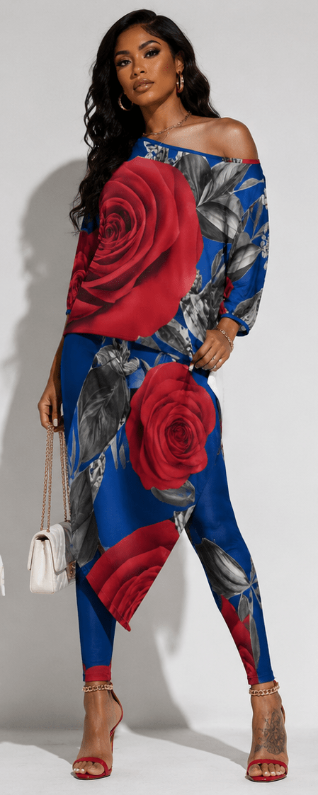Rich and Rich Diagonal Royal Blue Red Rose Women's Off Shoulder Two-piece Set - Rich and Rich Homeopportunities