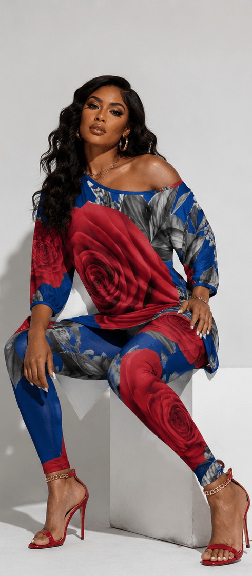 Rich and Rich Diagonal Royal Blue Red Rose Women's Off Shoulder Two-piece Set - Rich and Rich Homeopportunities