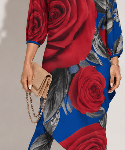 Royal blue and red rose off-shoulder two-piece set with diagonal floral print — side view