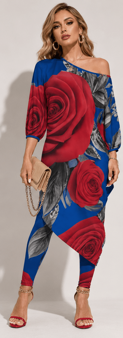 Rich and Rich Diagonal Royal Blue Red Rose Women's Off Shoulder Two-piece Set - Rich and Rich Homeopportunities