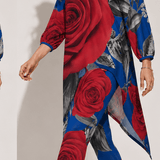 Royal blue and red rose off-shoulder two-piece set with diagonal floral print — rear view