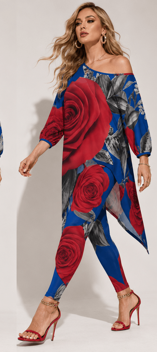 Rich and Rich Diagonal Royal Blue Red Rose Women's Off Shoulder Two-piece Set - Rich and Rich Homeopportunities