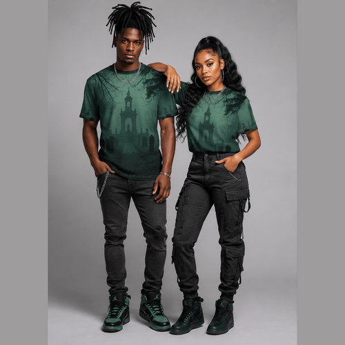 Couple posing in dark green all-over print tees featuring haunting cemetery landscape