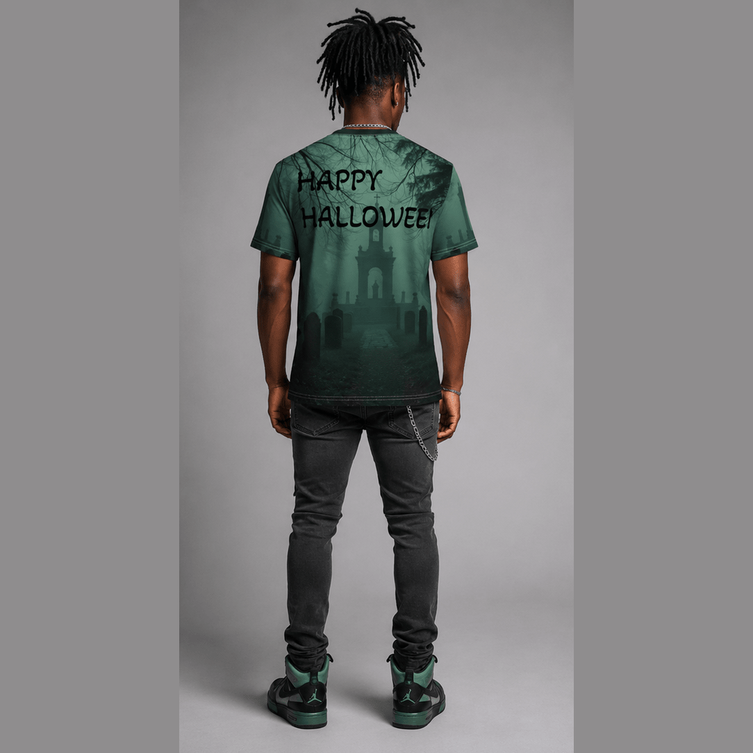 Unisex tee with misty cemetery all-over print, crew neck and tagless regular fit — additional view 6