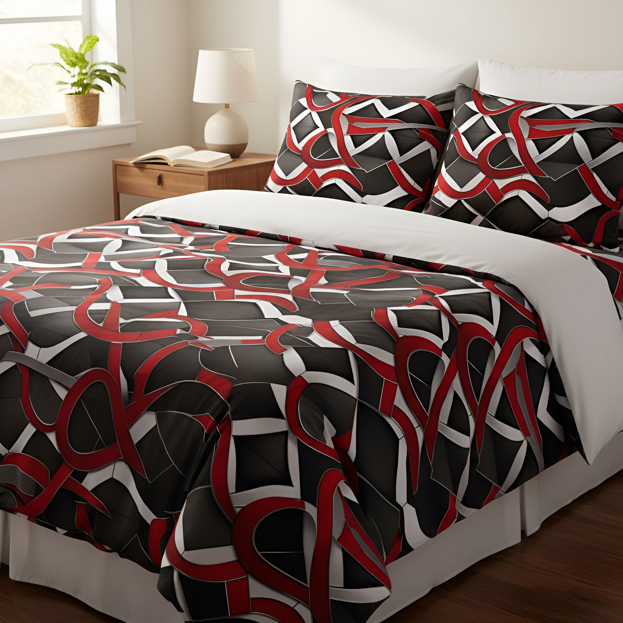 Rich and Rich Red and Gray Modern Geometric Comforter on bed in stylish bedroom