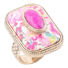Load image into Gallery viewer, Pink Agate Stacked Stone Floral Golden Statement Ring
