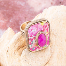 Load image into Gallery viewer, Pink Agate Stacked Stone Floral Golden Statement Ring
