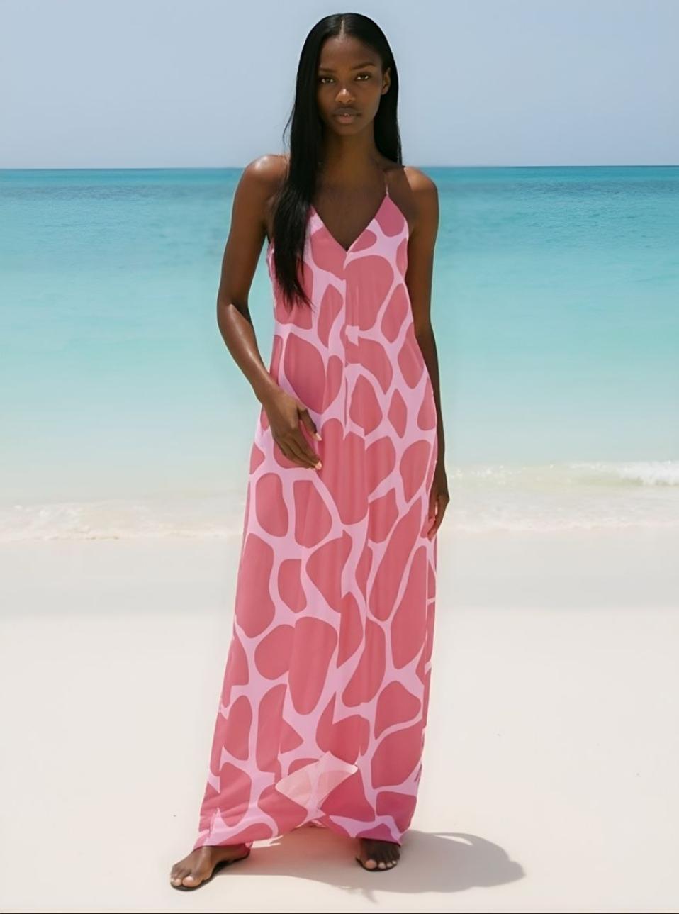 Pink abstract halterneck backless women's dress in silk fabric