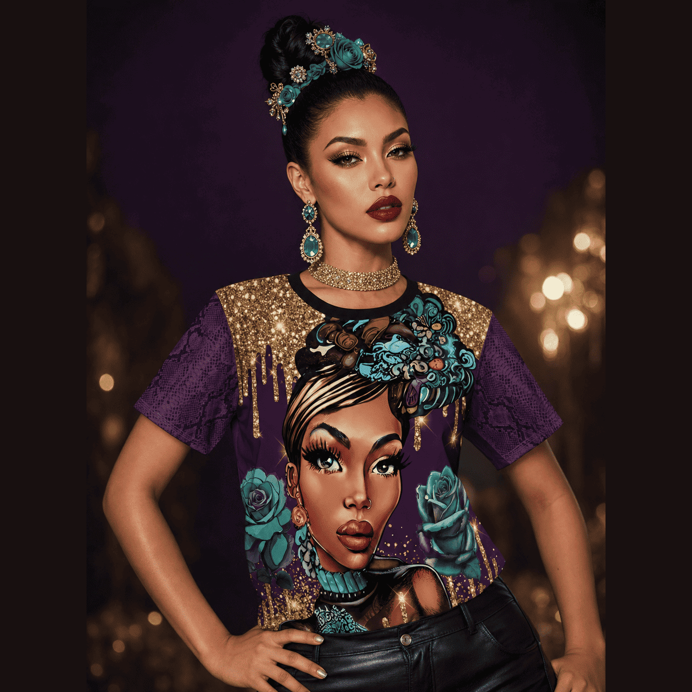 Deep purple t-shirt with a fashion illustration surrounded by teal roses and gold drip accents