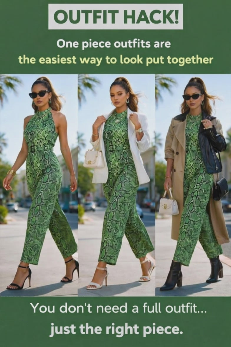 Rich and Rich Women's Green Abstract Print Halter Neck Belted Designer Chiffon Jumpsuit