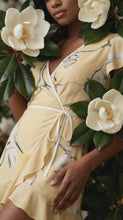 Load and play video in Gallery viewer, Rich and Rich  Women's Pale Yellow Tea Dress | Women’s Designer Sleeveless Wrap Mini Dress
