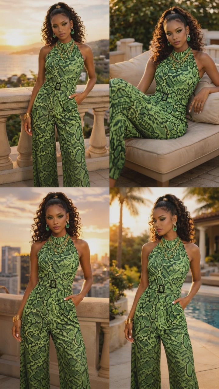 Rich and Rich Women's Green Abstract Print Halter Neck Belted Designer Chiffon Jumpsuit