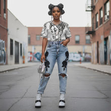 Load and play video in Gallery viewer, Rich and Rich The Hustle Is Real Women&#39;s Black and White Baseball Jersey
