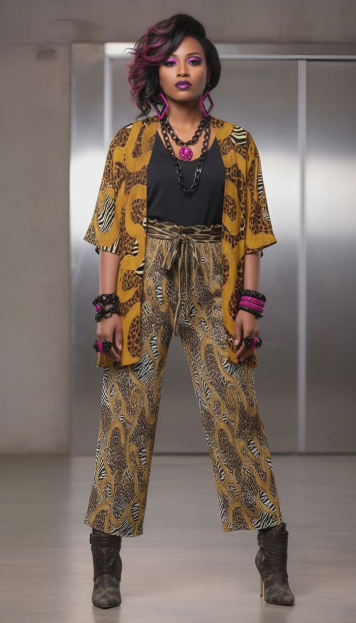 Rich and Rich Brown Animal Print Pants and Kimono Set