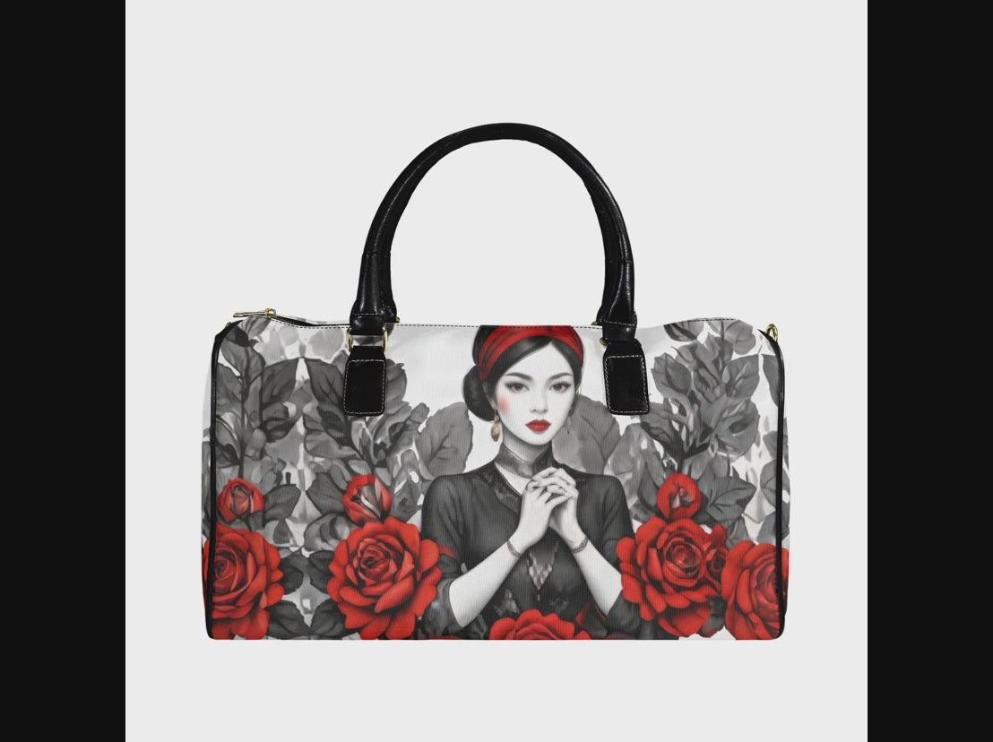 Rich and Rich Red Roses Leather  Large Capacity Travel Bag with PU Leather Handles for Gym, Weekend Trips & Everyday Travel