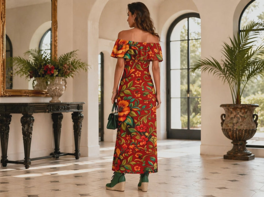Rich and Rich Embroidered Floral Multicolor Women’s Off Shoulder Ruffle Boat Neck Dress