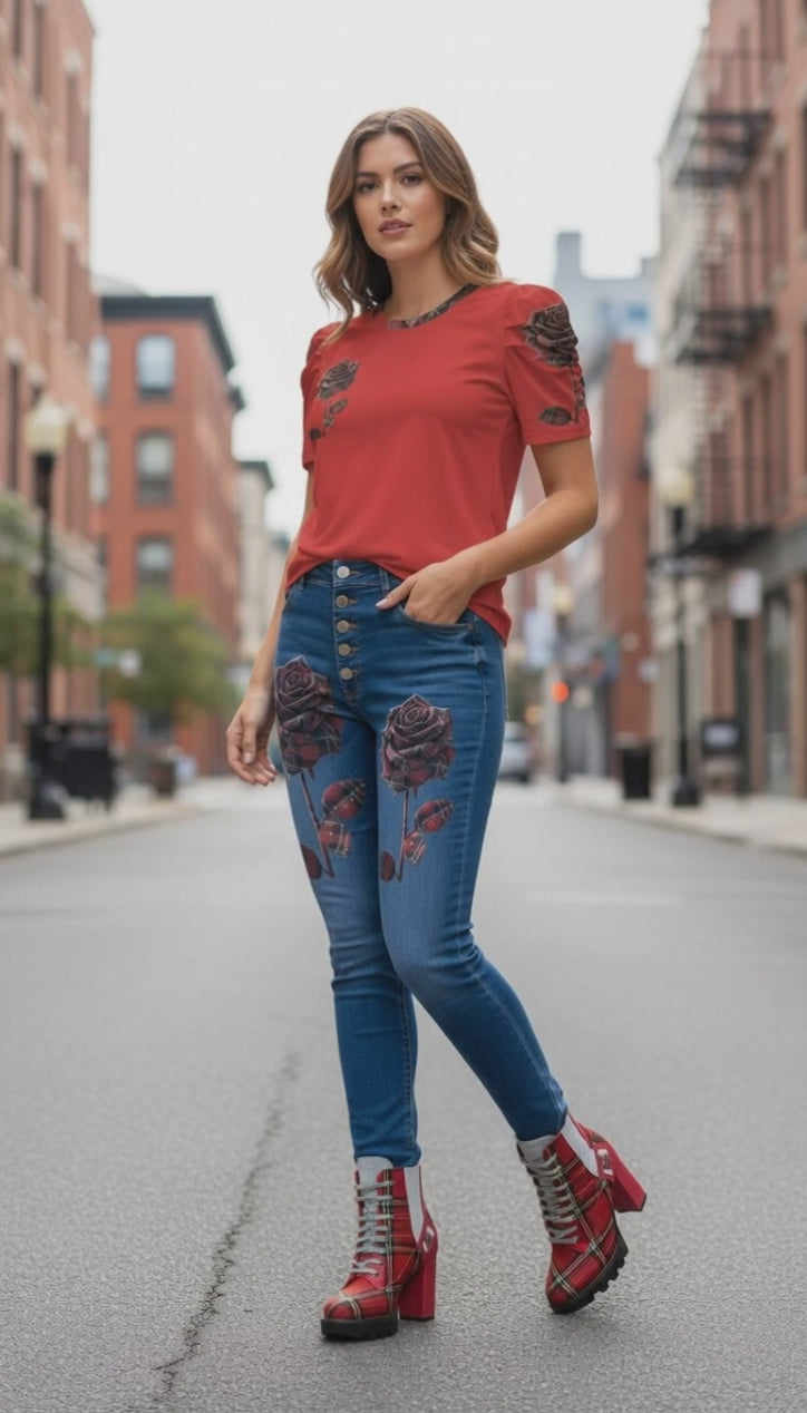 Rich and Rich Red Plaid Rose Women's Jeans Women's Jeans (Front Printing) (Model L75)