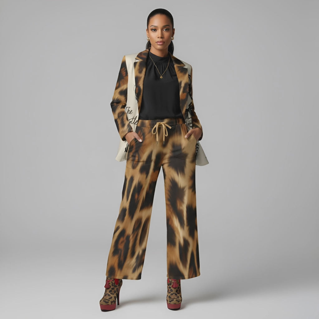 Rich and Rich Brown Animal Print Caricature Women's Pants Suit