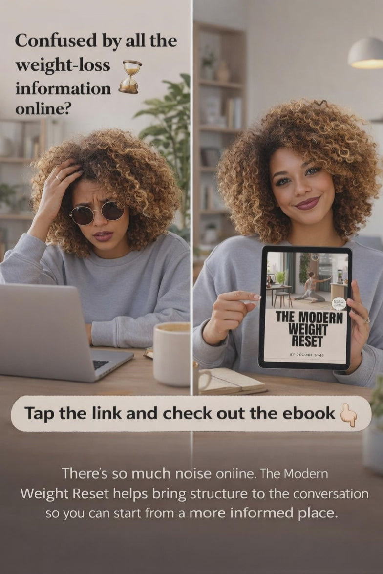 Woman holding a book titled 'The Modern Weight Reset guide' in a cozy living room.